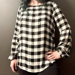 LOFT Relaxed Boho Black White Plaid Button-down Back Top Small